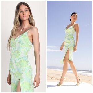 Lulu’s Rivetingly Radiant Green Floral Jacquard Sleeveless Midi Dress
